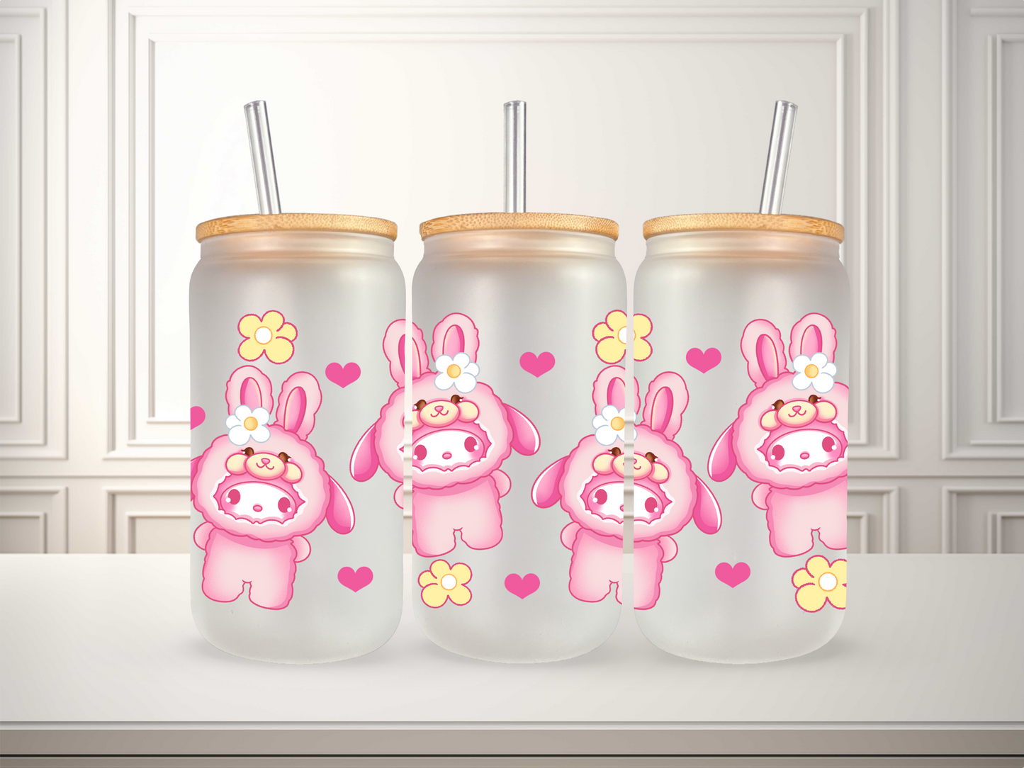 16 oz Kawaii Bunny Plushes Glass Can